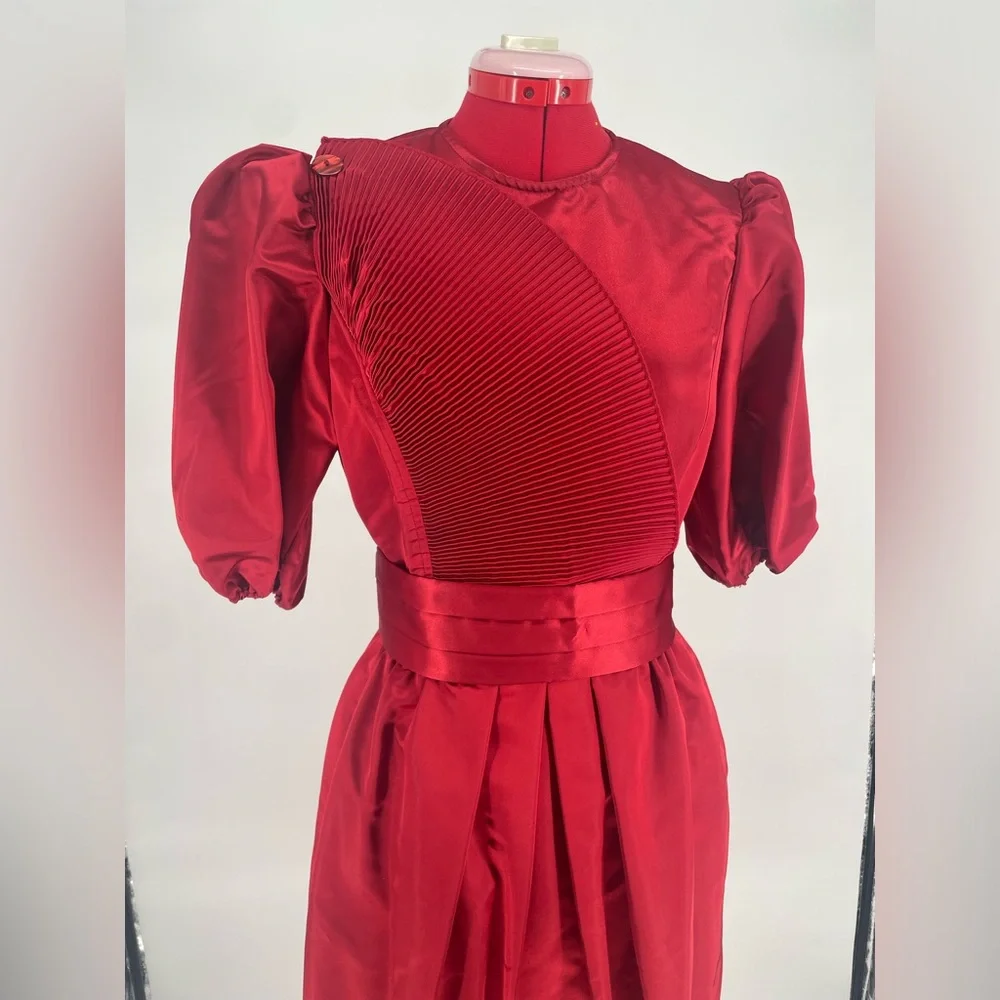 Rare 1980s Ruby Red Donna Morgan Satin Puff Sleeve Cocktail Dress - Picture 10 of 16
